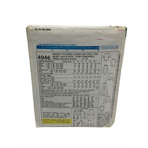 McCALL'S Sewing PATTERN 4946 Misses JACKET VEST TOP FLARED SKIRT & PANTS 6-10 - Picture 2 of 5